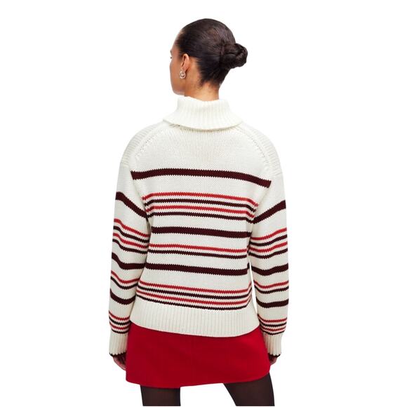 Madewell Red Cream Stripe Cotton Turtleneck Sweater L Cozy Fall Winter NWT - Picture 3 of 9